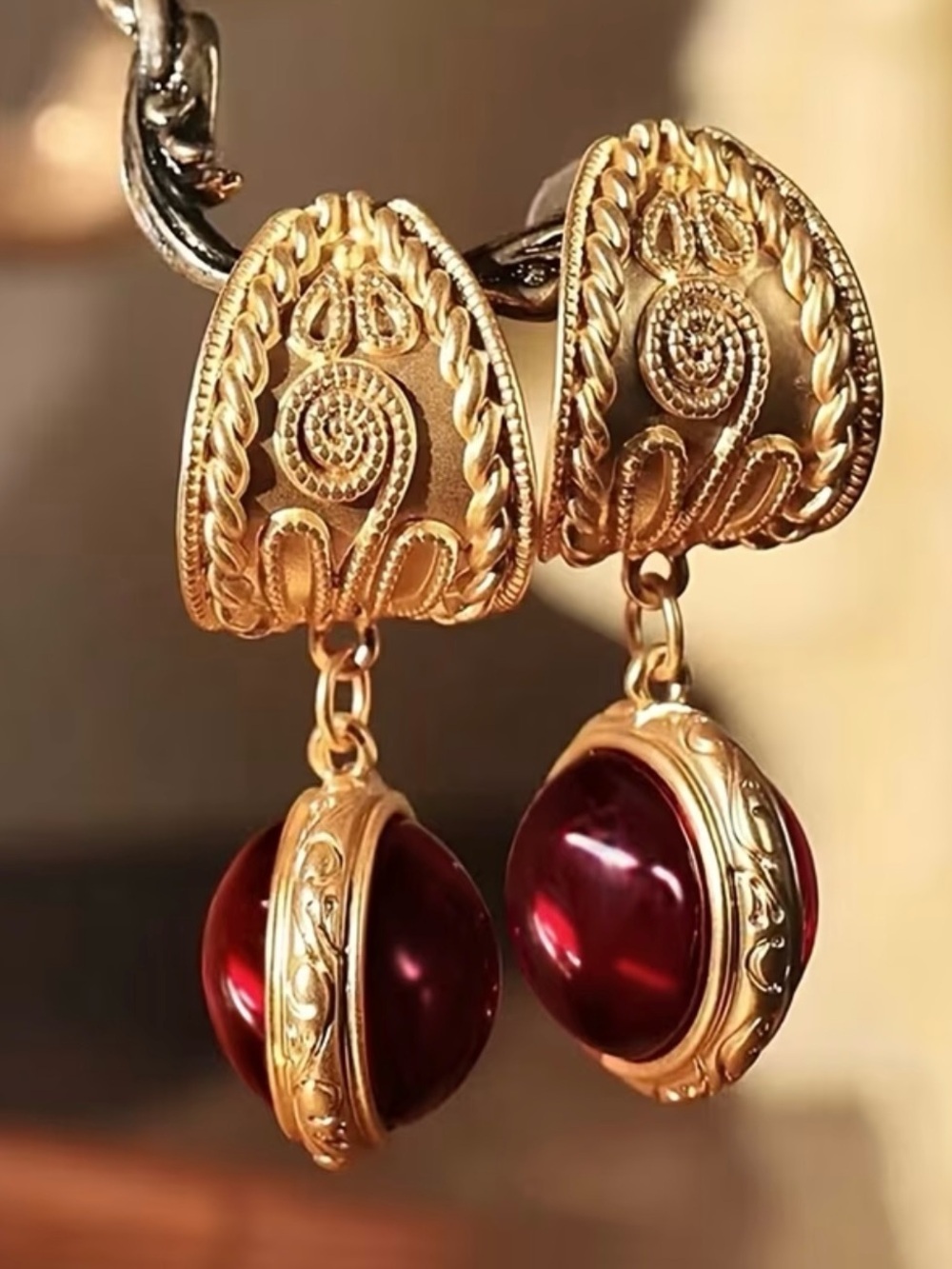 New! Vintage Style Gold Drop Earrings with Deep Red Glass Orb 🔴 B1-78